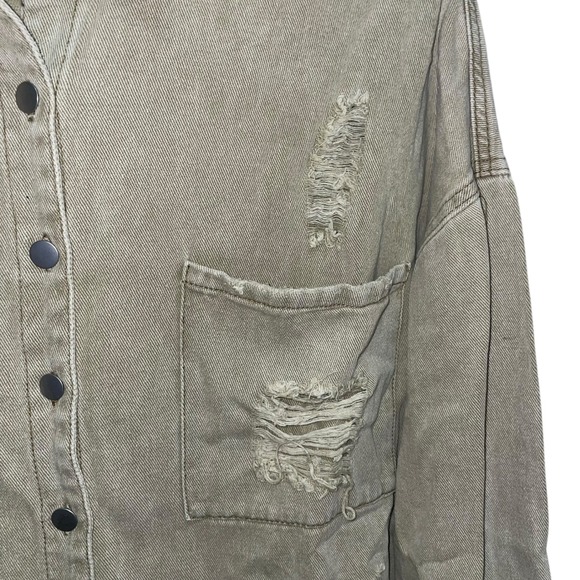 The Post Distressed Denim Jacket Khaki Green Raw Hem Pockets Button Front Size S - Picture 4 of 8